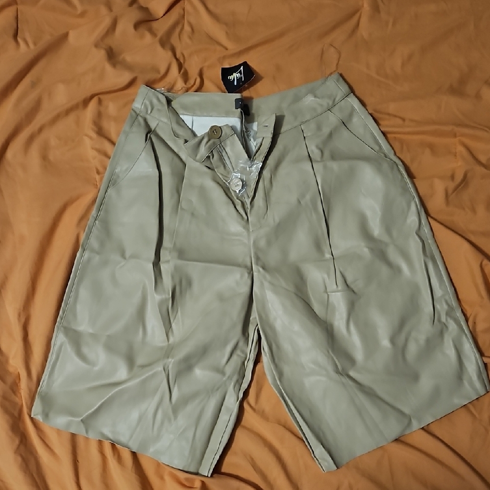 Sans Souci  Beige Pleather Flat Front Shorts